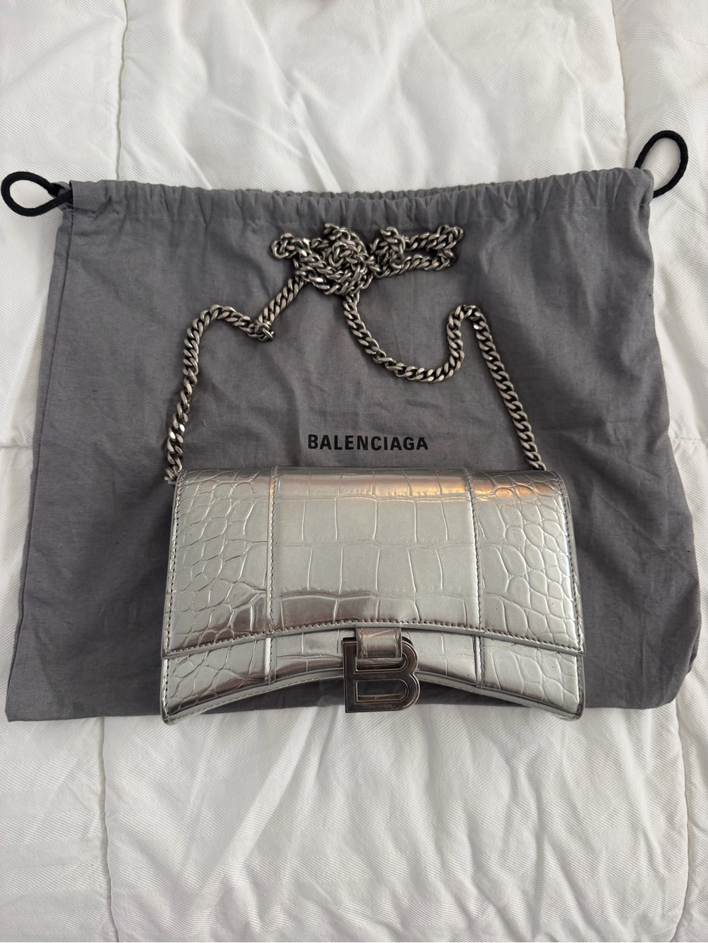 Balenciaga Silver Croc-Embossed Chain Shoulder Bag